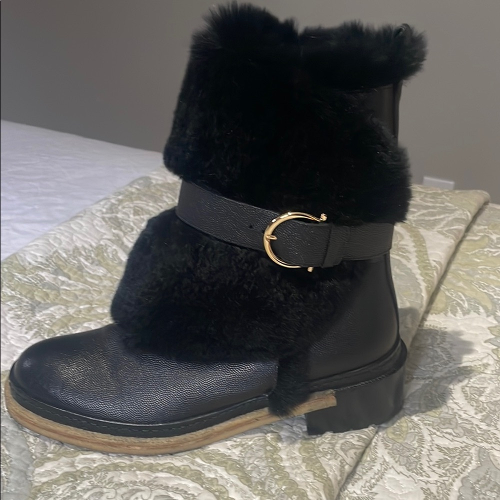 Salvatore Ferragamo Black Boots with Fur Trim